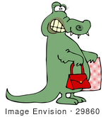 #29860 Clip Art Graphic Of A Feminine Alligator Carrying A Purse And Shopping Bag