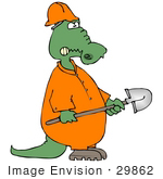 #29862 Clip Art Graphic Of A Grumpy Alligator Construction Worker Carrying A Shovel