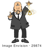 #29874 Clip Art Graphic Of A Caucasian Hypnotist Man Holding A Finger Up And Swinging A Pocket Watch Back And Forth While Hypnotizing And Putting The Viewer Into A Trance