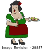 #29887 Clip Art Graphic Of A Hispanic Woman Serving Tacos And Burritos In A Mexican Restaurant