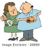 #29890 Clip Art Graphic Of A Couple Eating Cheeseburgers And Sharing A Soda