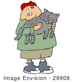 #29908 Clip Art Graphic Of A Happy Boy Carrying His Cat