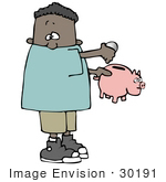 #30191 Clip Art Graphic Of A Black Boy Putting Change Into His Piggy Bank