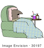 #30197 Clip Art Graphic Of A Sick Black Man With A Blanket And Pillow Sitting In A Chair With Medicine By His Side