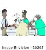 #30203 Clip Art Graphic Of A Scared African American Man Watching His Angry Pregnant Wife Give Labor With The Help Of A Nurse And Doctor In A Hospital
