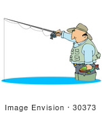 #30373 Clip Art Graphic Of A Man Wading In Water And Holding A Fish And Fishing Pole While Fishing