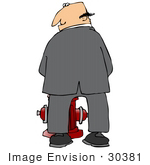 #30381 Clip Art Graphic Of A Businessman Pissing On A Red Fire Hydrant And Looking Back