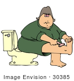 #30385 Clip Art Graphic Of A White Woman In A Green Robe Sitting On A Toilet And Shaving Her Leg