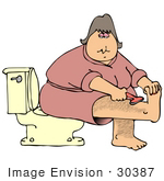 #30387 Clip Art Graphic Of A White Woman In A Pink Robe Sitting On A Toilet And Shaving Her Leg
