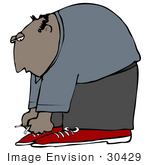 #30429 Clip Art Graphic Of A Balding Middle Aged Hispanic Or African American Man Bending Over To Tie The Laces Of His Red Shoes