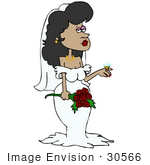 #30566 Clip Art Graphic Of A Beautiful Hispanic Bride Wearing Her Wedding Gown And Veil Holding A Bouquet Of Red Roses And Showing Off The Giant Diamond On Her Wedding Ring