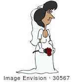#30567 Clip Art Graphic Of A Beautiful Hispanic Woman A Bride Posing In Her White Wedding Gown Veil And Gloves Holding A Bouquet Of Red Roses
