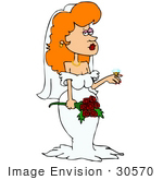 #30570 Clip Art Graphic Of A Beautiful Red Haired Caucasian Bride Wearing Her Wedding Gown And Veil Holding A Bouquet Of Red Roses And Showing Off The Giant Diamond On Her Wedding Ring