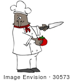 #30573 Clip Art Graphic Of An African American Male Chef Wearing A Chef’S Hat And Jacket With A Red Collar Holding A Tomato And A Knife While Preparing Food In A Kitchen