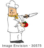 #30575 Clip Art Graphic Of A Caucasian Male Chef Wearing A Chef’S Hat And Jacket With A Yellow Collar Holding A Tomato And A Knife While Preparing Food In A Kitchen