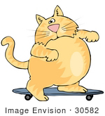 #30582 Clip Art Graphic Of A Cute And Chubby Ginger Cat Riding A Skateboard