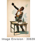 #30639 Stock Illustration Of An African American Man Holding One Arm Up And Resting The Other On Papers On Top Of A Desk During A Theatre Performance