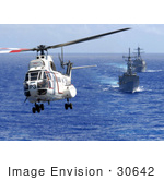 #30642 Stock Photo Of An As-332 Super Puma Helicopter Passing Above A Destroyer And Firgate