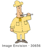 #30656 Clip Art Graphic Of A Male Caucasian Chef In A Yellow Chefs Hat And Jacket Using A Spoon To Test Taste Food