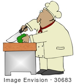 #30683 Clip Art Graphic Of A Hispanic Male Chef Wearing A Chefs Hat And Jacket Prepping And Cutting A Green Bell Pepper In A Kitchen