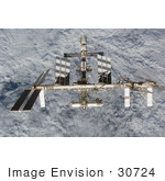 #30724 Stock Photo Of The International Space Station As Seen From Space Shuttle Discovery As The Two Spacecraft Begin Their Relative Separation Over A Cloud Covered Earth On June 11th 2008