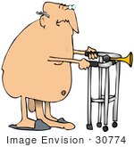 #30774 Clip Art Graphic of a Nude Old White Senior Man Wearing Only Slippers, Using A Walker With A Horn, His Penis Sagging Down To The Floor by DJArt