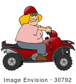 #30792 Clip Art Graphic Of A Blond Caucasian Woman In A Pink Shirt Red Helmet And Blue Jeans Smiling And Riding A Red Quad