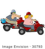 #30793 Clip Art Graphic Of A Blond Caucasian Woman And A Chubby Man Riding Red Atvs Together