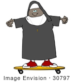 #30797 Clip Art Graphic Of An African American Nun In Uniform Skateboarding