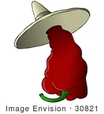 #30821 Clip Art Graphic Of A Hot And Spicy Red Chilli Pepper Wearing A Sombrero Hat