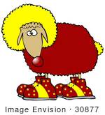 #30877 Clip Art Graphic Of A Red And Yellow Animal Sheep Clown With Big Shoes And Colorful Wool