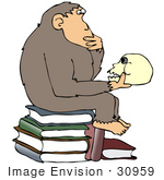 #30959 Clip Art Graphic Of A Cartoon Parody Of Hugo Rheinhold’S &Quot;Philosophizing Monkey&Quot; Showing A Smart Ape Sitting On Books And Looking At A Human Skull