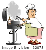 #32073 Clip Art Graphic Of A Caucasian Woman In An Apron And Chef’S Hat Cooking Burgers On A Gas Grill