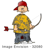 #32080 Clip Art Graphic Of A Caucasian Boy Holding A Bow And Arrow While Practicing Archery