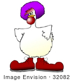 #32082 Clip Art Graphic Of A Clowning Chicken Wearing Red Shoes A Big Nose And Purple Wig Standing With His Wings On His Hips