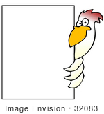 #32083 Clip Art Graphic Of A White Chicken Bird With Red Head Feathers Peering Around A Large White Sign