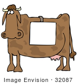 #32087 Clip Art Graphic Of A Blank White Sign Hanging Over A Big Brown Cow’S Back