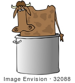 #32088 Clip Art Graphic Of A Weird Brown Cow Standing In A Large Stock Pot
