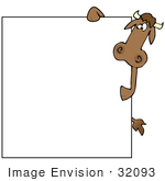 #32093 Clip Art Graphic Of A Curious Cow Looking Around A Blank Sign While Standing Behind It
