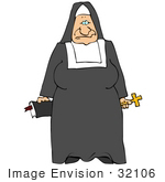#32106 Clip Art Graphic Of A Nun Standing With A Cross And Bible During Church