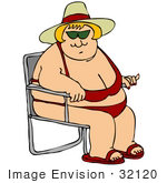 #32120 Clip Art Graphic Of A Chubby Cacuasian Bikini-Clad Woman Sitting On A Chair And Sun Bathing On The Beach