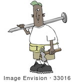 #33016 Clip Art Graphic Of An African American Construction Worker Man Wearing A Toolbelt And Carrying A Hammer And Giant Nail