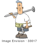 #33017 Clip Art Graphic Of A Caucasian Construction Worker Guy Wearing A Toolbelt And Carrying A Hammer And Giant Nail