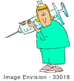 #33018 Clip Art Graphic Of A Caucasian Nurse Lady Carrying A Giant Needle In A Syringe