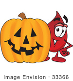 #33366 Clip Art Graphic Of A Transfusion Blood Droplet Mascot Cartoon Character With A Carved Halloween Pumpkin