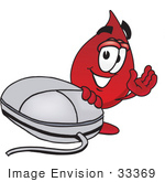 #33369 Clip Art Graphic Of A Transfusion Blood Droplet Mascot Cartoon Character With A Computer Mouse
