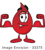 #33375 Clip Art Graphic Of A Transfusion Blood Droplet Mascot Cartoon Character Flexing His Arm Muscles