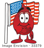 #33379 Clip Art Graphic Of A Transfusion Blood Droplet Mascot Cartoon Character Pledging Allegiance To An American Flag