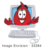 #33384 Clip Art Graphic Of A Transfusion Blood Droplet Mascot Cartoon Character Waving From Inside A Computer Screen