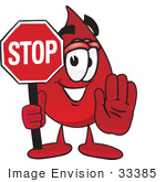 #33385 Clip Art Graphic Of A Transfusion Blood Droplet Mascot Cartoon Character Holding A Stop Sign